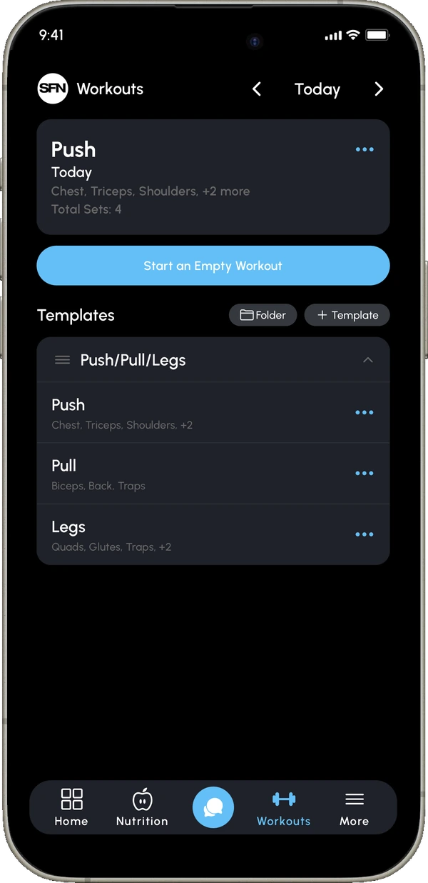 The Somatics workouts screen, showing today's session with its muscle groups and set count, and saved templates grouped into a Push, Pull and Legs folder.