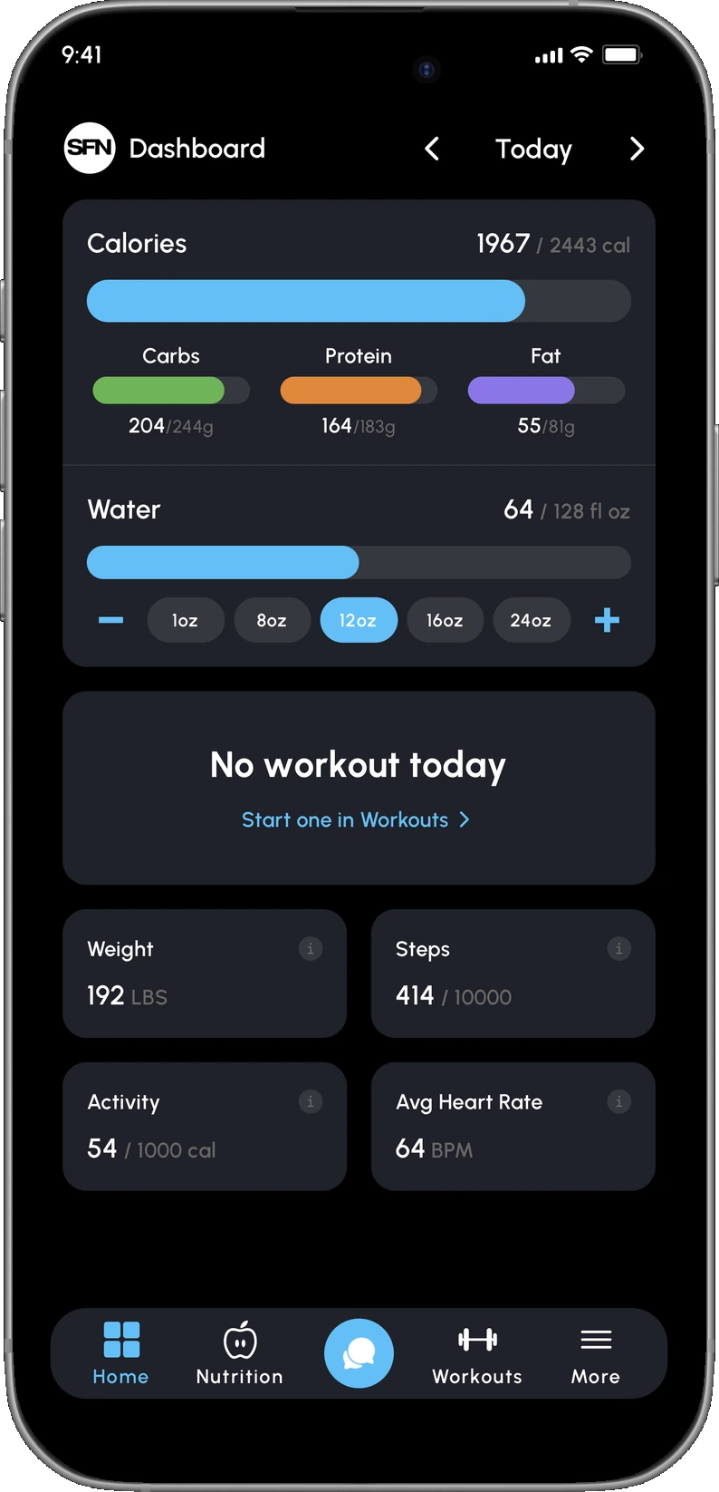 The Somatics home screen, showing calories and macros for the day, water intake, and cards for weight, steps, activity and average heart rate.
