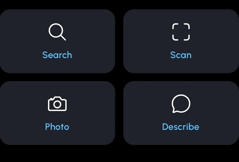 The Photo and Describe buttons in the Somatics add-food sheet, for logging a meal from a picture or from a typed description.