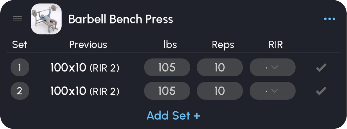 The Somatics workout tracker, showing a previous set of 100 lbs for 10 reps at 2 reps in reserve and 105 lbs filled in for the next set.
