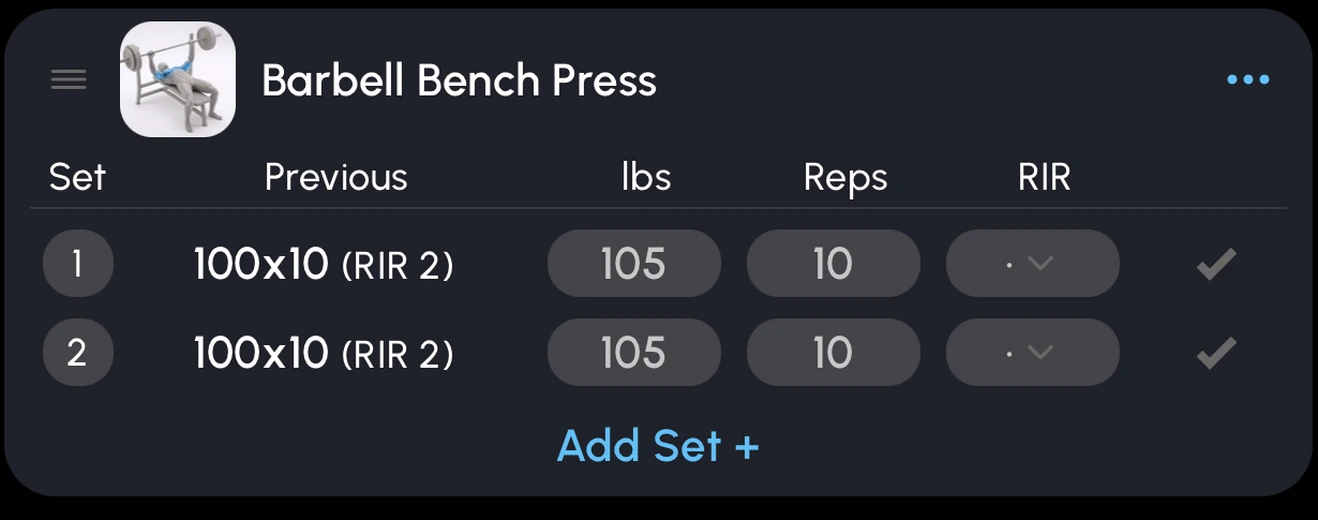 The Somatics workout tracker mid-session, showing a previous set of 100 lbs for 10 reps at 2 reps in reserve, and 105 lbs already filled in for the next one.