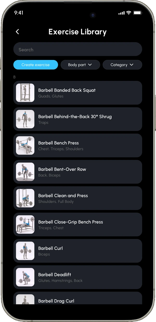 The Somatics Exercise Library, showing exercises listed alphabetically with an image and muscle groups for each, and filters for body part and category.