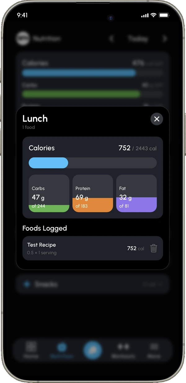The Somatics meal detail for lunch, showing its calorie total, a carbs, protein and fat breakdown, and the foods logged to it.