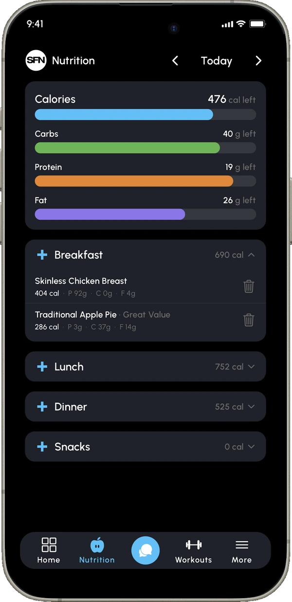 The Somatics nutrition screen, showing calories, carbs, protein and fat remaining for the day, and meals grouped into breakfast, lunch, dinner and snacks.