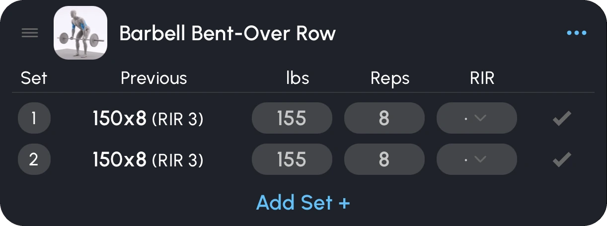 A Barbell Bent-Over Row in the Somatics workout tracker, showing last session's sets next to this session's.