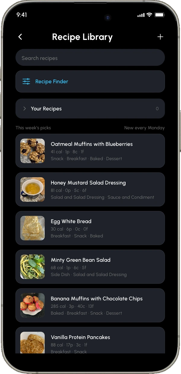 The Somatics Recipe Library, showing a search field, the Recipe Finder, and this week's picks with calories and macros listed for each recipe.