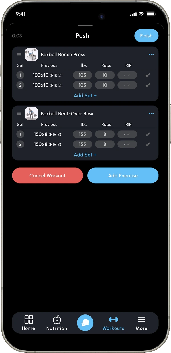 The Somatics workout tracker, showing exercises with each set's previous result, weight, reps and reps in reserve.